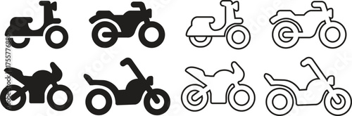 Motorcycle icon set in flat and outline styles with scooter, chopper, cruiser and sport bike silhouette symbols, modern transportation vehicle vectors designs for automotive and motorbike concepts.