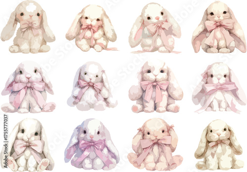 Watercolor Fluffy Bunnies with Pink Ribbons