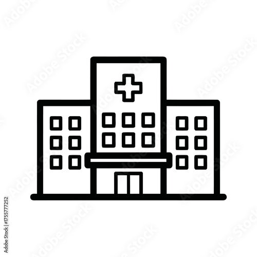 Simple black and line drawing hospital building with cross symbol on top, representing healthcare and medical services