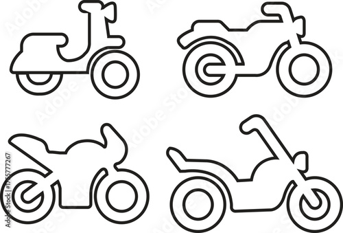 Motorcycle icon set in outline style with scooter, chopper, cruiser and sport bike silhouette symbols, modern transportation vehicle vectors illustration designs for automotive and motorbike concepts.