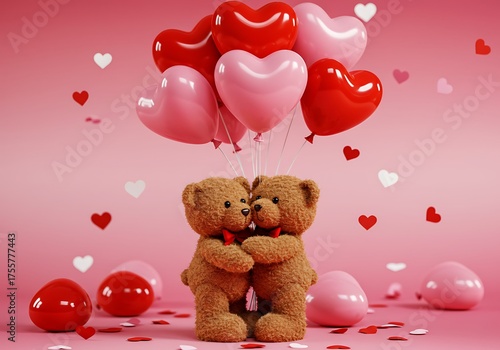 Teddy Bears Hugging with Heart Balloons. Generative Ai