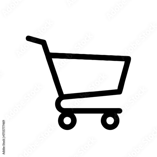 Simple black and icon shopping cart, representing ecommerce, online shopping, retail, and purchasing