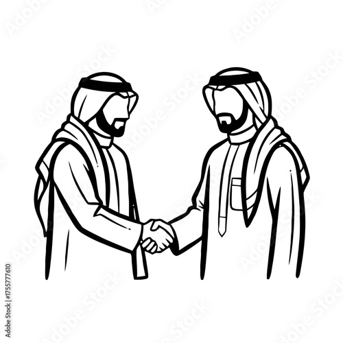 Two arab men in traditional clothing shaking hands, symbolizing agreement, partnership, business, and cultural exchange, isolated on transparent