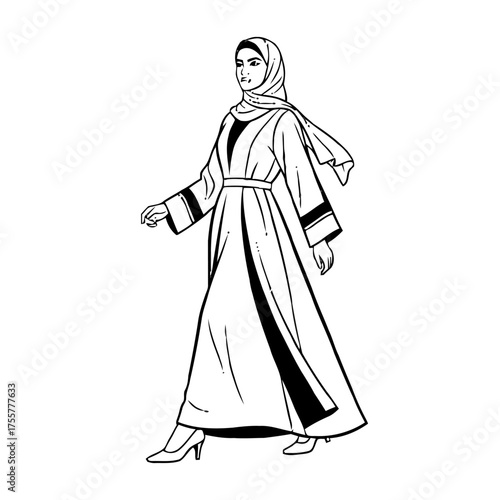 Muslim woman wearing hijab and an abaya walks confidently