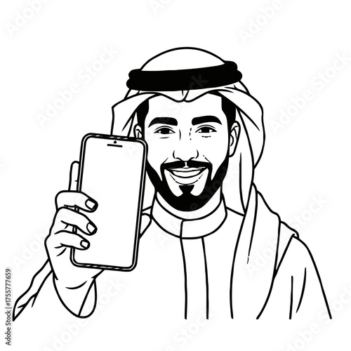 Smiling arab man wearing traditional thobe and ghutra holds up smartphone