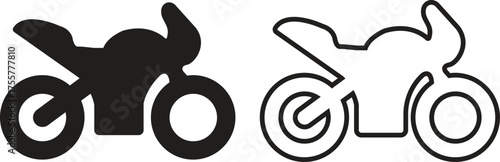 Motorcycle icon set in flat and outline styles with scooter, chopper, cruiser and sport bike silhouette symbols, modern transportation vehicle vectors designs for automotive and motorbike concepts.