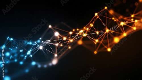 Digital plexus network glowing with orange and blue, expanding across dark background. Intricate lines connecting complex technological communication points