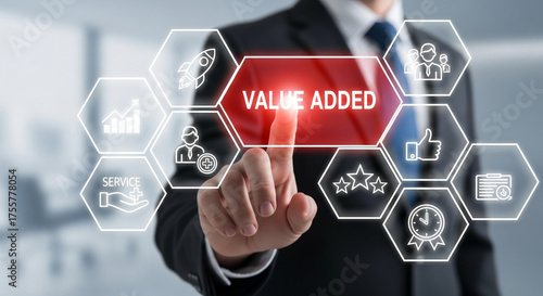 Professional touching screen displaying 'Value Added' surrounded by icons for growth, service, teamwork, quality, and efficiency