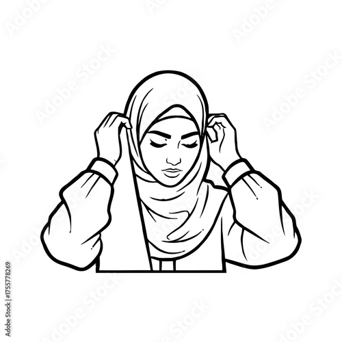 Closeup, black and line young muslim woman adjusting her hijab, with her eyes closed and serene expression, isolated on transparent