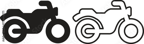 Motorcycle icon set in flat and outline styles with scooter, chopper, cruiser and sport bike silhouette symbols, modern transportation vehicle vectors designs for automotive and motorbike concepts.