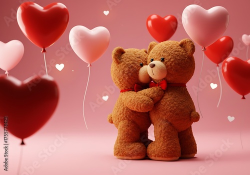 Teddy Bears Hugging with Heart Balloons. Generative Ai