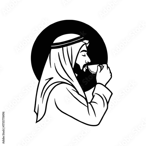 Stylized black and man in traditional middle eastern attire drinking coffee, isolated on transparent