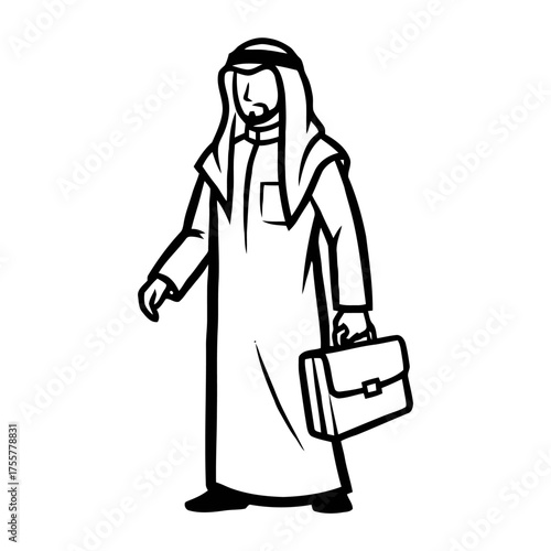 Man in traditional arabic clothing, thawb and ghutra, walks confidently while carrying briefcase