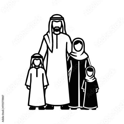 Traditional arabic family, including parents and two children, stands together posing for picture
