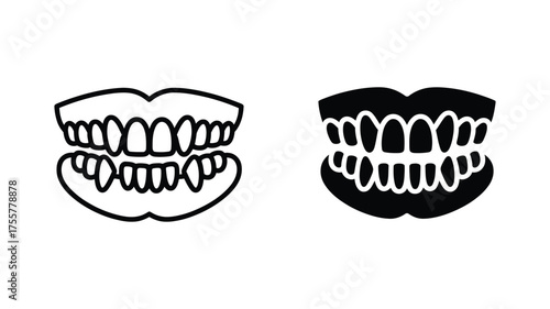 Vector art of dentures icon set collection of teeth prosthesis, dental care and oral hygiene symbols in line and glyph style