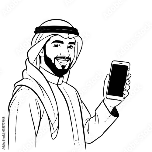 Black and line drawing smiling arab man with beard, wearing traditional keffiyeh and thobe, holding up smartphone and looking at the viewer, suggesting technology and communication