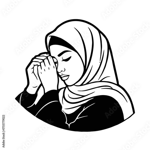 Muslim woman wearing hijab, praying with her hands clasped together, with her eyes closed in devotion and peace
