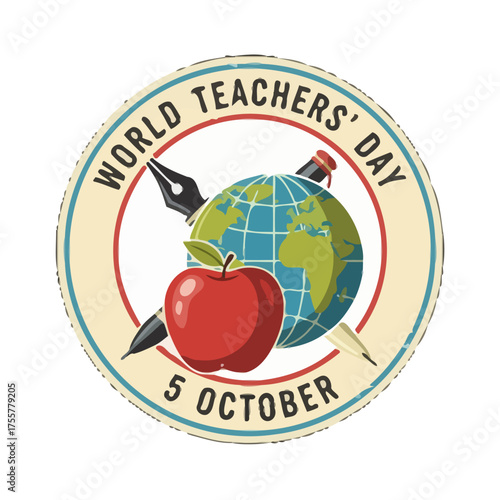 Stylized emblem for world teachers day on october 5th, showcasing an apple, fountain pen, and globe, representing knowledge and global education