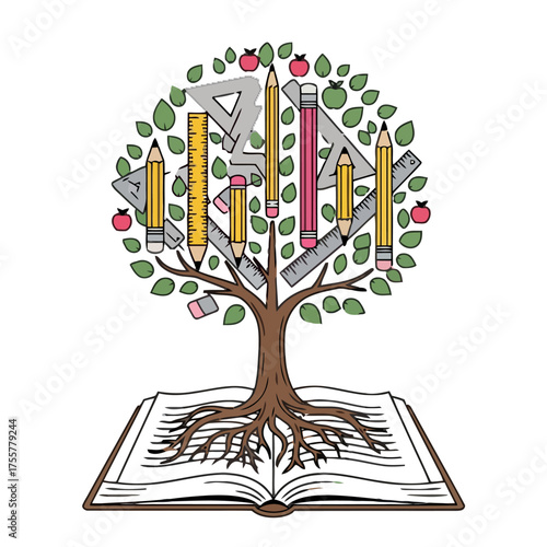 Tree knowledge with roots growing from an open book, branches adorned with pencils, rulers, apples, and leaves, symbolizing education and growth