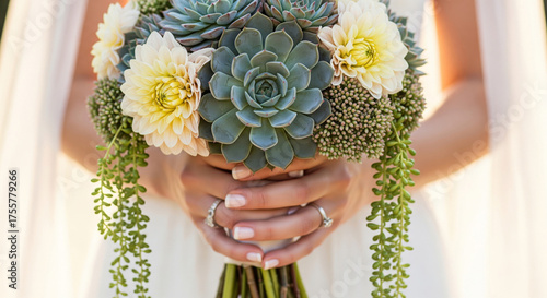 A hyper-realistic, high-detail close-up photograph of a bride's hands gently holding a gorgeous wedding bouquet filled with Large Succulents, cream Dahlias, trailing Sedum