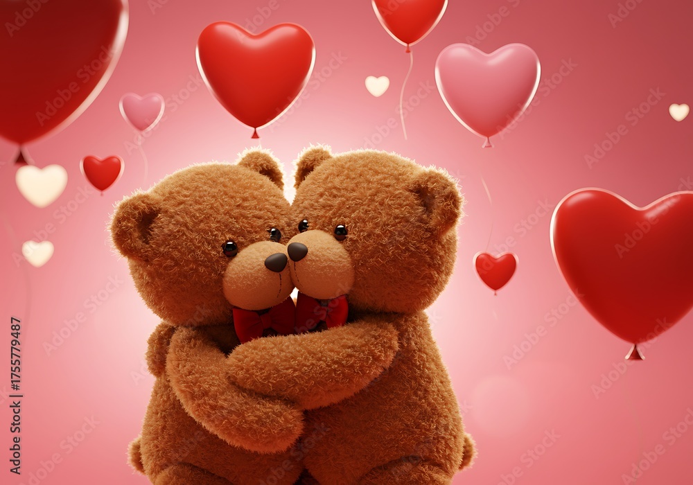 Obraz premium Teddy Bears Hugging with Heart Balloons. Generative Ai
