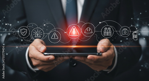 Man holding smartphone with digital interface showcasing safety icons, risk management, and protection symbols for modern business