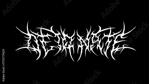 Detonate metal typography vector logo with spiky thorn shapes, white on black style for deathcore band identity or dark streetwear design
