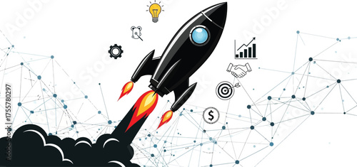 Black rocket launch with business icons isolated on white background concept of startup, innovation, and successful project development