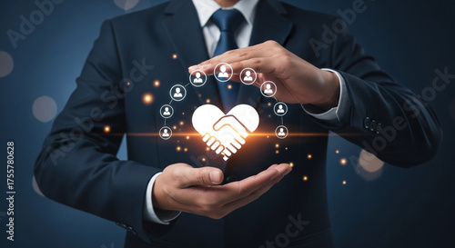 Professional businessman safeguards digital community and partnership with glowing heart handshake icon symbolizing trust and collaboration