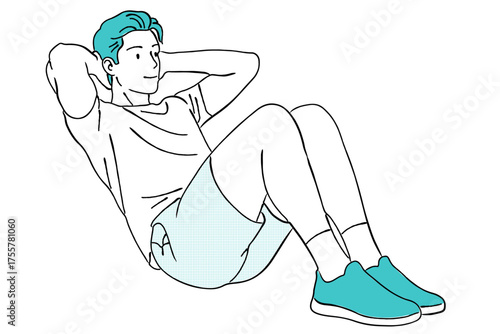 腹筋（クランチ/シットアップ）をする男性の線画イラスト,体幹,フィットネス,筋トレ,運動