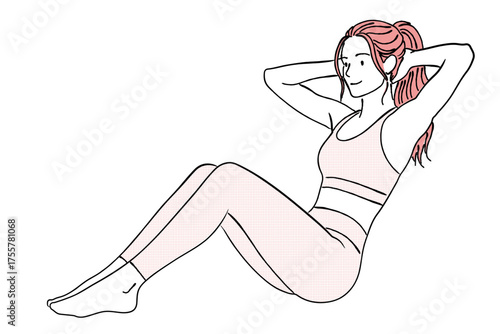 腹筋（クランチ/シットアップ）をする女性の線画イラスト,体幹,フィットネス,ダイエット,運動