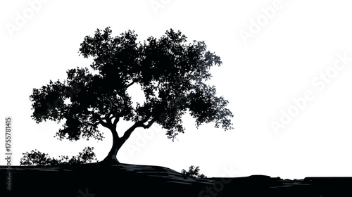 Silhouette of a large, leafy tree on a dark, undulating landscape against white