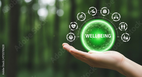 Empowering holistic wellbeing with a glowing sphere and icons representing health, community, and activity, held gently in a hand against a natural green background