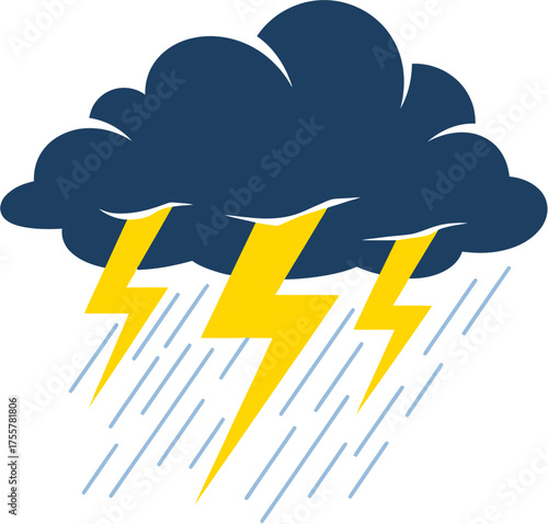 Illustration of a dark storm cloud with bright yellow lightning bolts and heavy rain, symbolizing a severe thunderstorm and bad weather