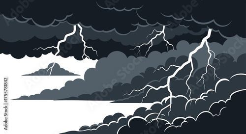 Dramatic dark clouds illuminated by intense lightning strikes during a powerful thunderstorm over the ocean