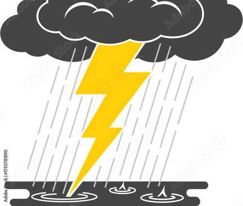 Simple graphic illustration of a thunderstorm with a dark storm cloud, heavy rain, and a vibrant yellow lightning bolt striking down