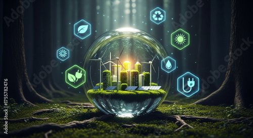 Sustainable futuristic city thrives within a protective biosphere, powered by renewable energy and surrounded by nature's icons