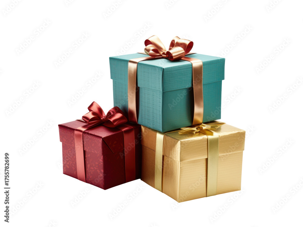 Fototapeta premium Teal red gold stacked gift boxes with ribbons image, Isolated On Transparent Background