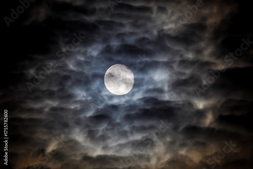 Full moon on a dark cloudy night with clouds flying in front of the moon like in thrillers and horror movies. Dark night sky, black clouds. Real shooting