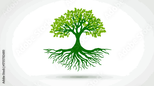 Stylized green tree with extensive root system on a white background