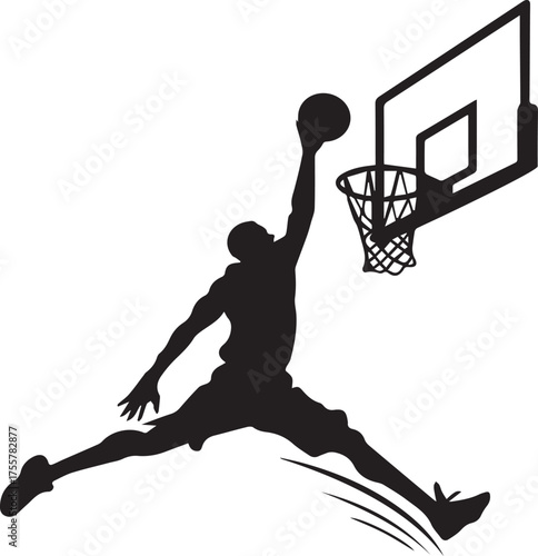 basketball player performing a dynamic slam dunk