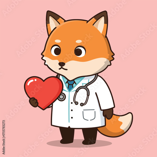 A cute cartoon fox dressed as a doctor, wearing a white coat and stethoscope, holding a red heart.
