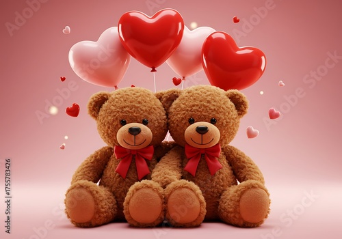 Teddy Bears Sitting with Heart Balloons. Generative Ai