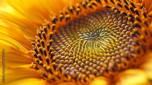 A close up view of a sunflower showing the details of the seeds and the yellow petals around it