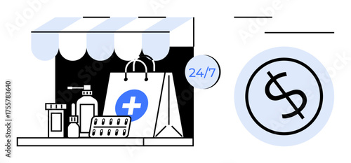 Medical shop with bottles, pills, shopping bag, dollar sign. Ideal for e-commerce, pharmacy, healthcare, online shopping, convenience medical services simple flat metaphor