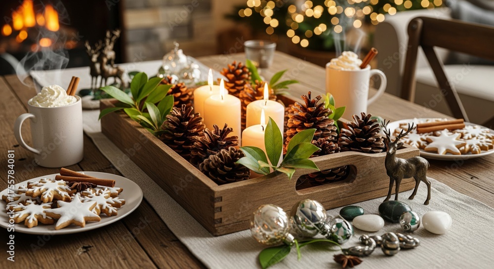 Naklejka premium Festive Christmas Table Arrangement with Candles and Pinecones on Wood Table