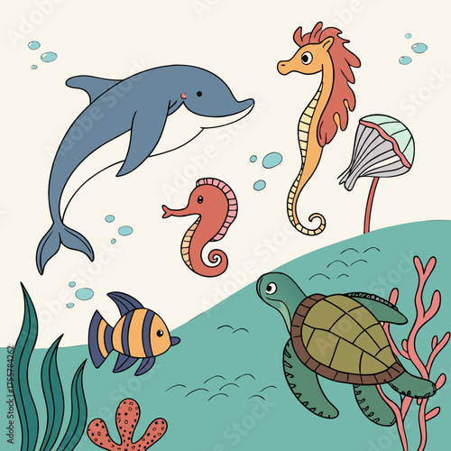 A colorful underwater scene with dolphin, seahorse, turtle and coral reef