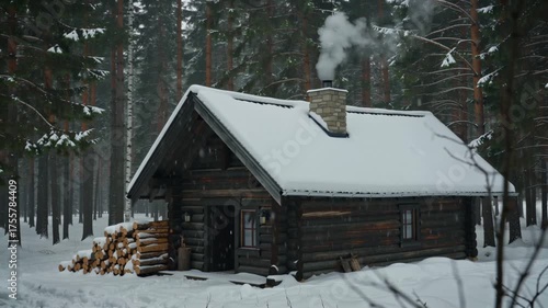 first snow falling on a quiet log cabin