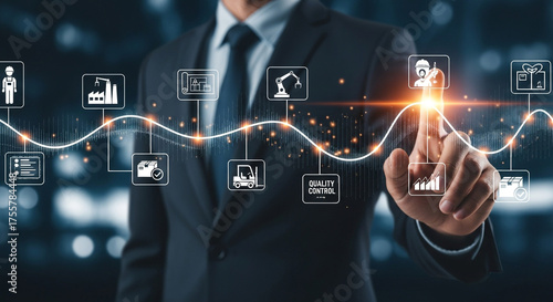 Professional businessman analyzing supply chain operations with digital interface displaying production, logistics, and quality control metrics
