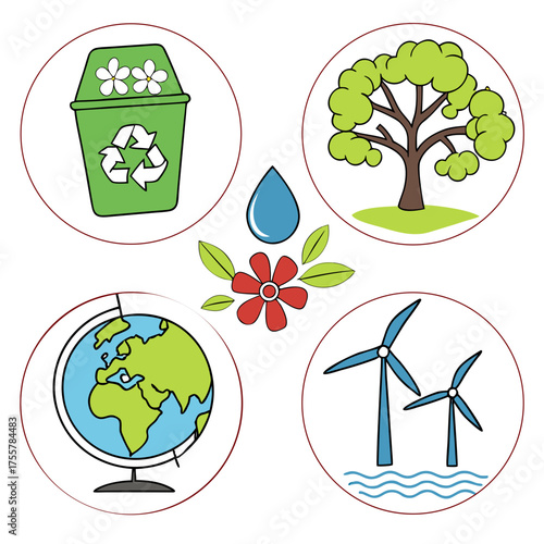 Ecological symbols and elements in circular frames